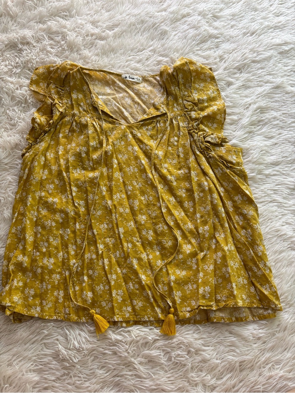 Mustard Floral Tie-Front Flutter Sleeve Blouse